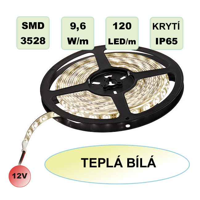 LED pásek SMD3528 9,6W 120LED/m teplá bílá IP65